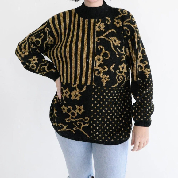 Vintage 90s Alfred Dunner Black w Metallic Gold  Floral Mockneck Sweater L - Picture 1 of 11